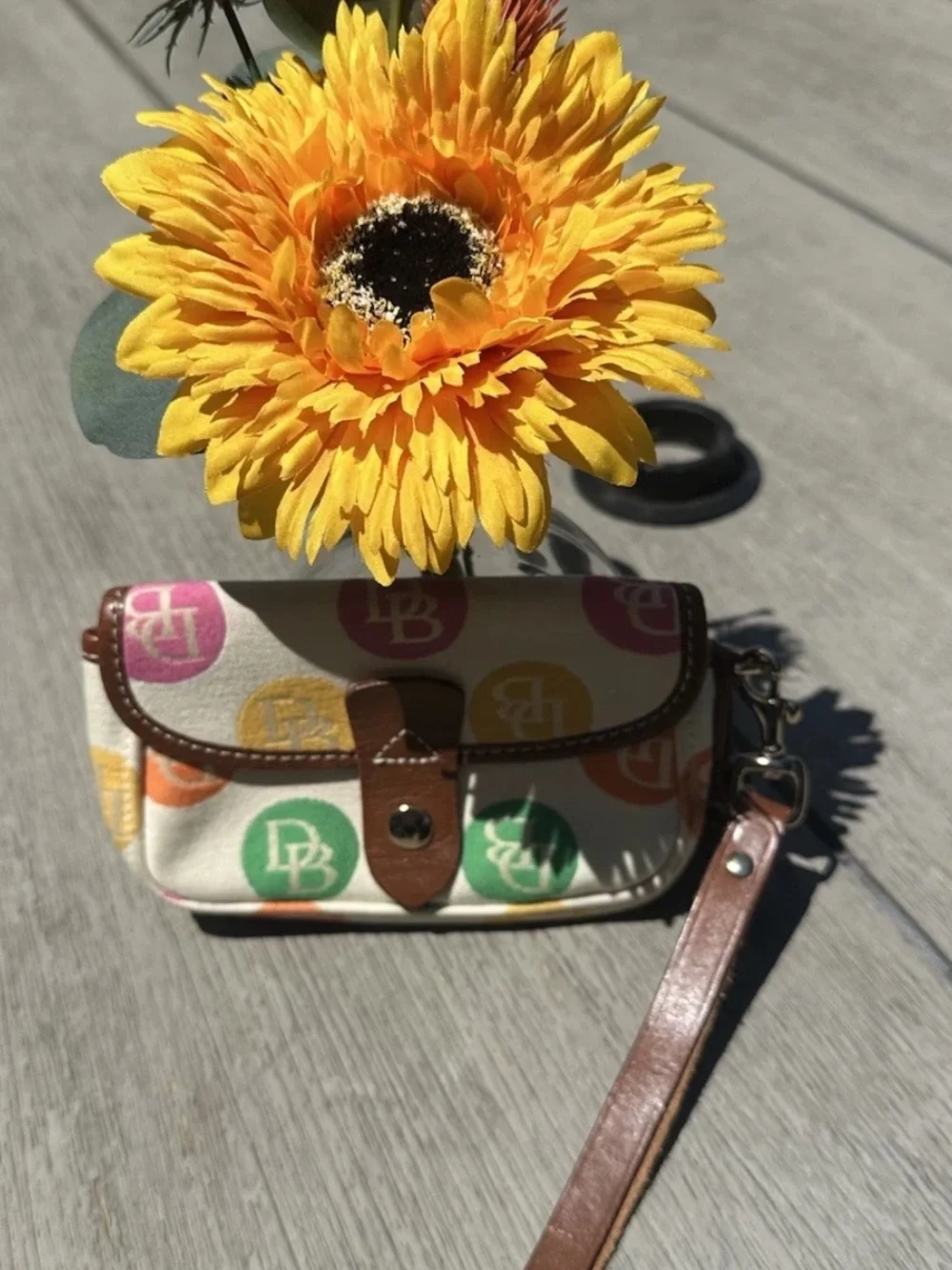 Vintage Dooney & Bourke Rainbow Monogram  Logo Dot Wristlet Cream & Brown Trim